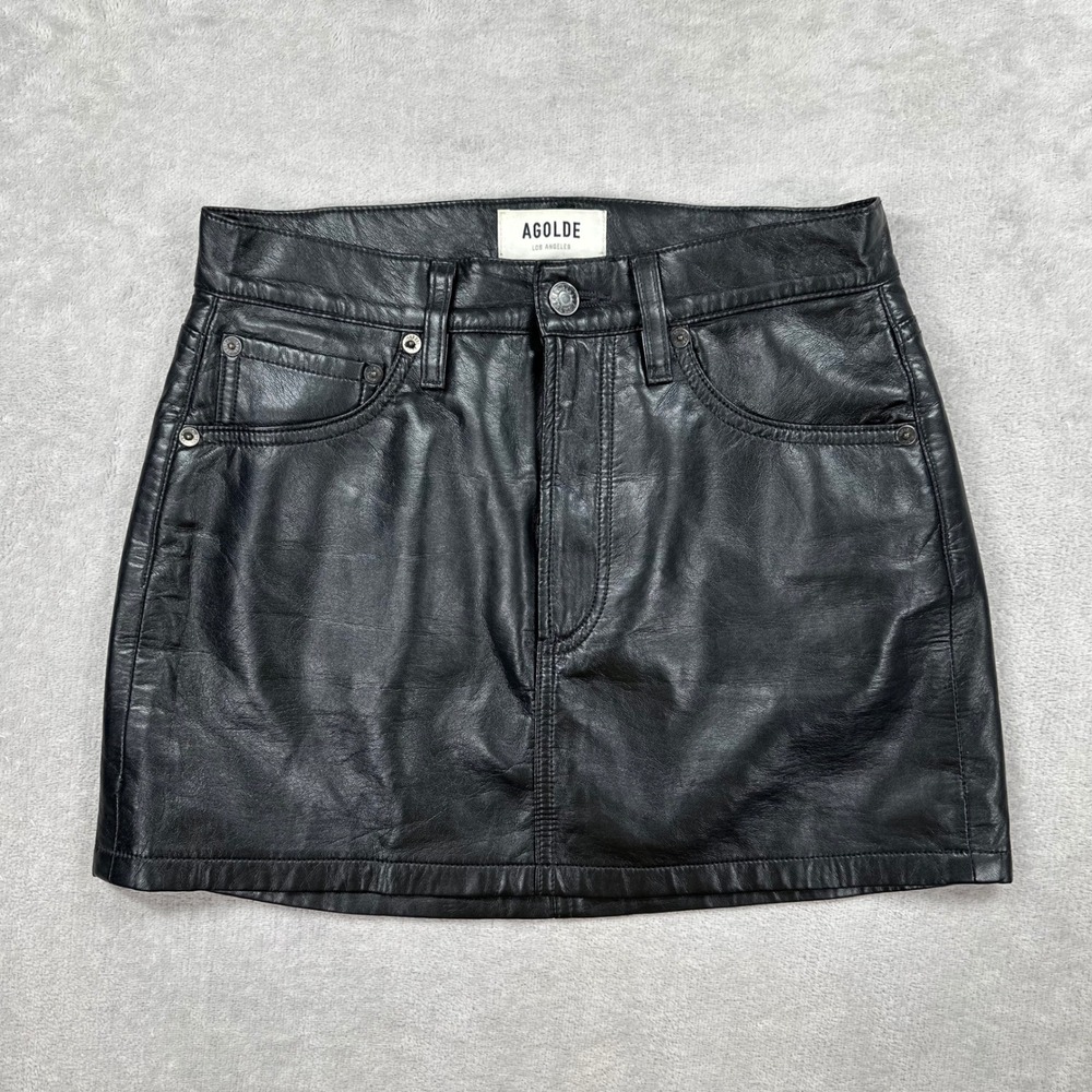 AGOLDE Liv Mini Skirt Womens 24 Black Recycled Leather 5-Pocket Rocker Grunge
